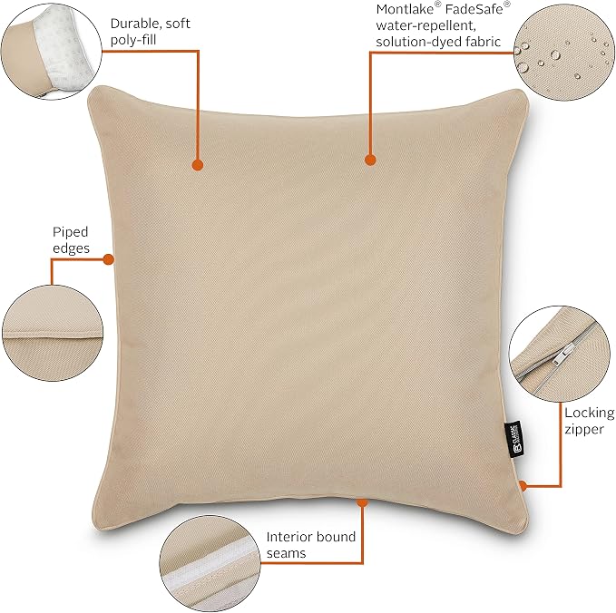 Classic Accessories Montlake FadeSafe Indoor/Outdoor Accent Pillows, 20 x 20 x 8 Inch, 2 Pack, Antique Beige