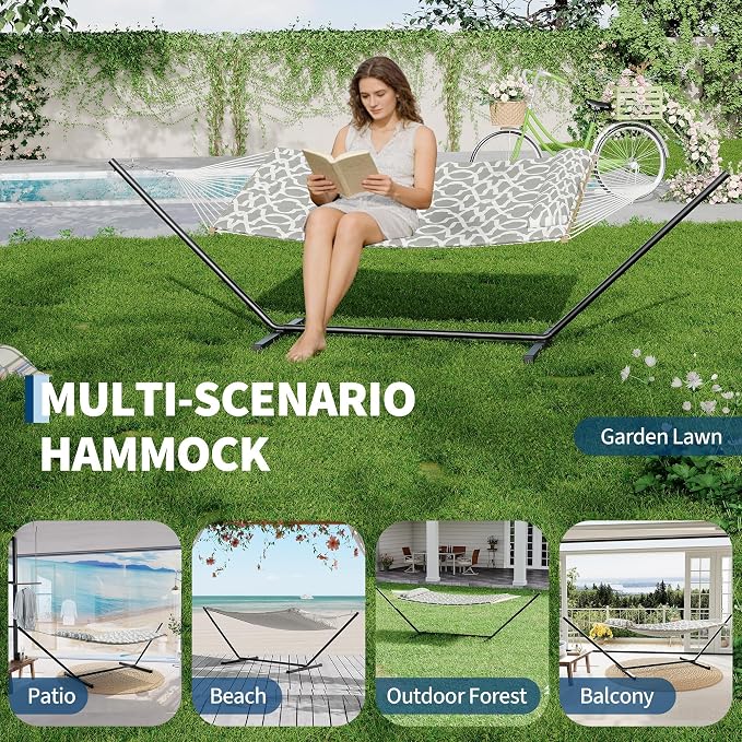Double Hammocks with Stand for Outside, Heavy Duty Portable Outdoor Hammock with Soft Pillow & Paded, 450 LBS Weight Capacity, Perfect for Outdoor Indoor Patio Backyard Garden
