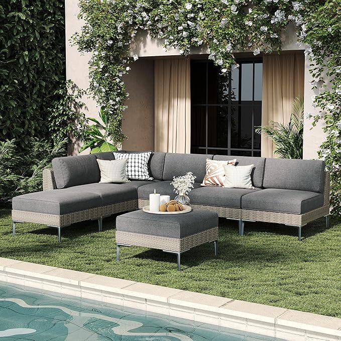 LayinSun 7-Piece Wicker Rattan Patio Furniture Set, Deep Seating Outdoor Modular Sectional Sofa Conversation Set with Thick Cushions for Lawn, Garden