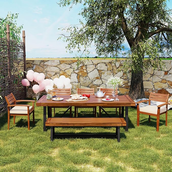 6-Pcs Outdoor Patio Dining Table & Chair & Bench Set for 6, Wooden Outdoor Dining Table Set with Removable Cushion, 6-Pcs, Wood
