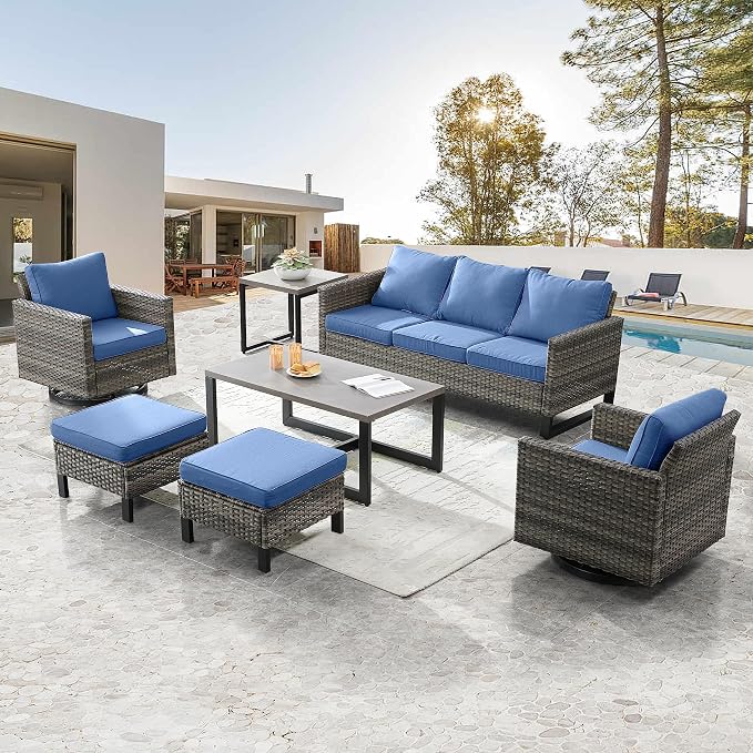 Belord 7 Piece Outdoor Furniture Patio Wicker Sofa Set, Oversize Outdoor Swivel Rocker Chairs with Rattan Ottomans, Conversation Sets Patio Furniture Come with Removable Washable Cushion Blue