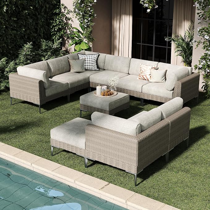 LayinSun 10-Piece Wicker Rattan Patio Furniture Set, Deep Seating Outdoor Modular Sectional Sofa Conversation Set with Thick Cushions for Lawn, Garden