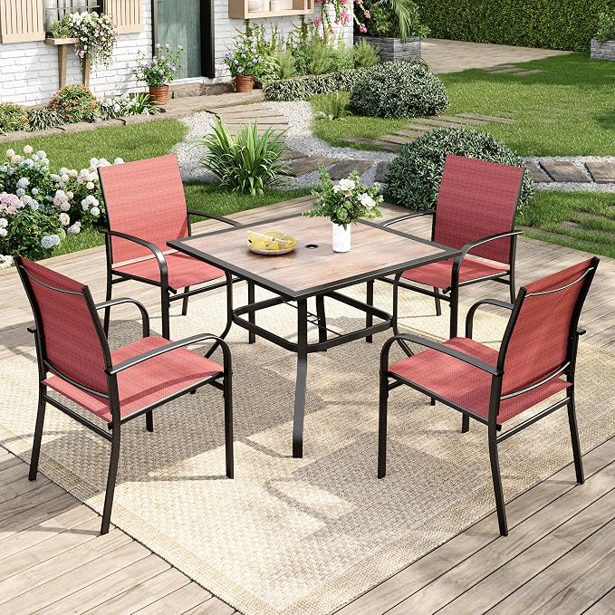 MIXPATIO 5 Pieces Patio Table and Chairs Set, 4 Person Outdoor Dining Furniture Set, 4 Red Textilene Chairs and 37" Wood-Like Table Top Table with Umbrella Hole, for Deck Backyard Lawn
