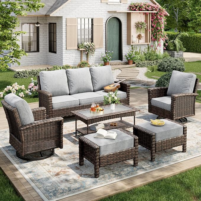 MIXPATIO 6-Piece Wicker Patio Furniture Set with Swivel Chairs, High Back Outdoor Furniture with 5.5-inch Thick Cushion and Ottoman, All-Weather Wicker Patio Conversation Set for Deck Yard Pool, Grey