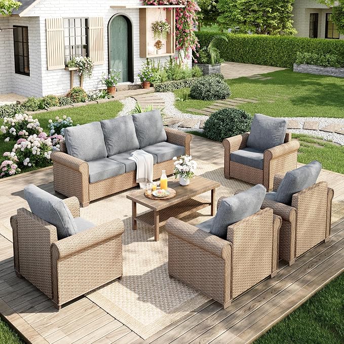 MIXPATIO Patio Furniture Set 6 pcs, Wicker Outdoor Patio Furniture, 3-Seat Sofa, 4 Single Chairs and Coffee Table, Rattan Patio Conversation Set for Backyard Deck, Grey