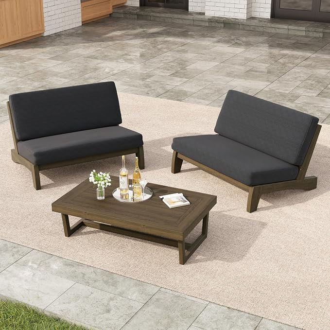 3 Pieces Patio Furniture Sets, All-Weather Outdoor Wood Bistro Set Patio Conversation Coffee Table Chiars and Patio Loveseat for Balcony, Backyard