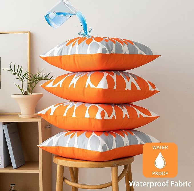 Pack of 4 Fall Outdoor Waterproof Pillow Covers 20x20 Decorative Outdoor Throw Pillows Garden Square Cushion Cases for Patio Furniture, Couch, Tent Sunbrella, Bench, Orange Grey