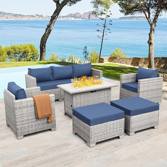 WAROOM Patio Furniture Set 6 Piece PE Rattan Outdoor Conversation Sets Grey Wicker Couch Sectional Sofa with Fire Pit Table and Navy Blue Cushion