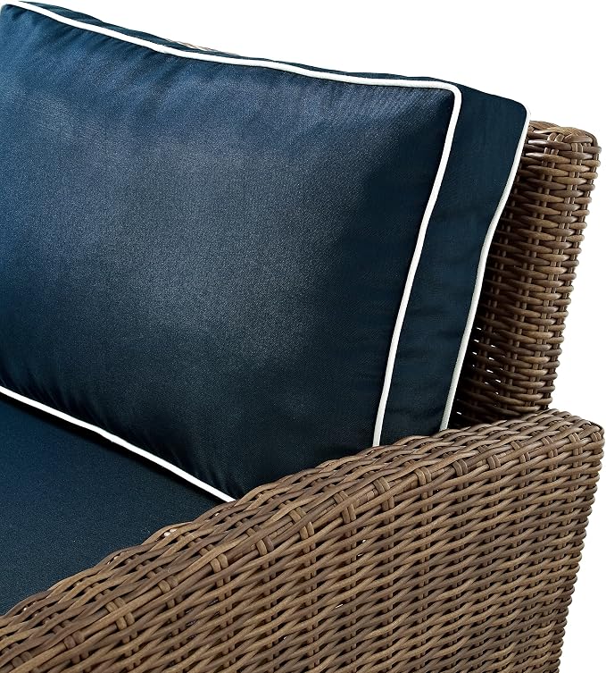 Crosley Furniture Bradenton 4-Piece Outdoor Sectional Sofa Wicker Conversation Patio Furniture Set for Deck, Brown with Navy Cushions