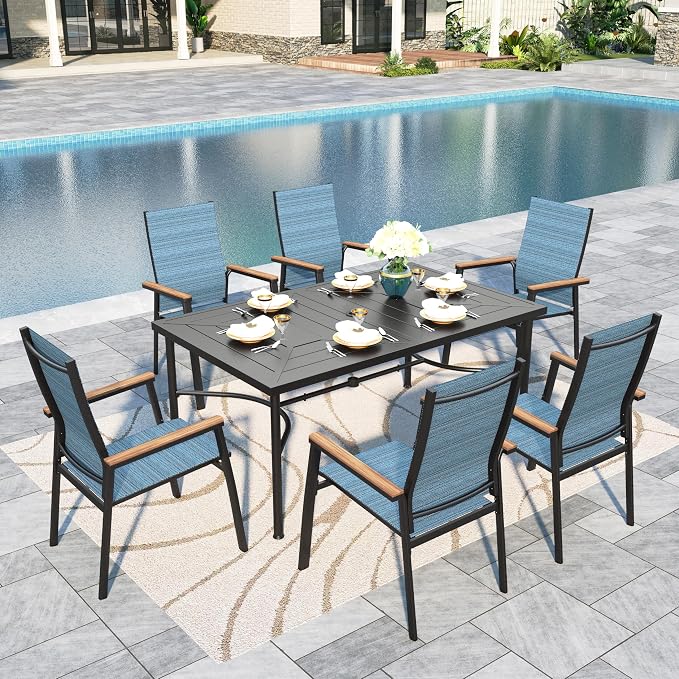Sophia & William Outdoor Dining Set 7 Pieces, 6 x Aluminum Patio Dining Chairs and Large 64" Metal Dining Table, Space-Saving and Lightweight for Patio Lawn Garden (Blue)