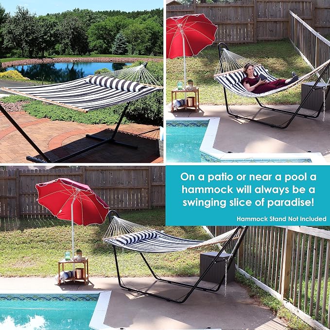 Sunnydaze Set of 2 Outdoor Quilted Fabric Hammocks - 2-Person Hammock with Spreader Bars - Black/White and Blue/Green