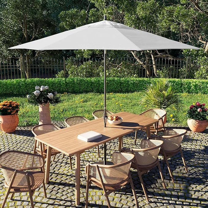 California Umbrella 11Ft Fiberglass Rib Patio Umbrella, Hand-Crank, Tilt-Collar, Gray Frame, Solution Dyed White Fabric