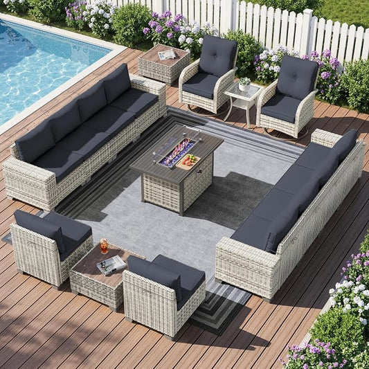 16-Piece Outdoor Patio Furniture Set with Rocking Swivel Chair, PE Wicker Rattan Sectional Sofa Patio Conversation Set with 55,000 BTU Fire Pit Table & Coffee Table, Dark Grey