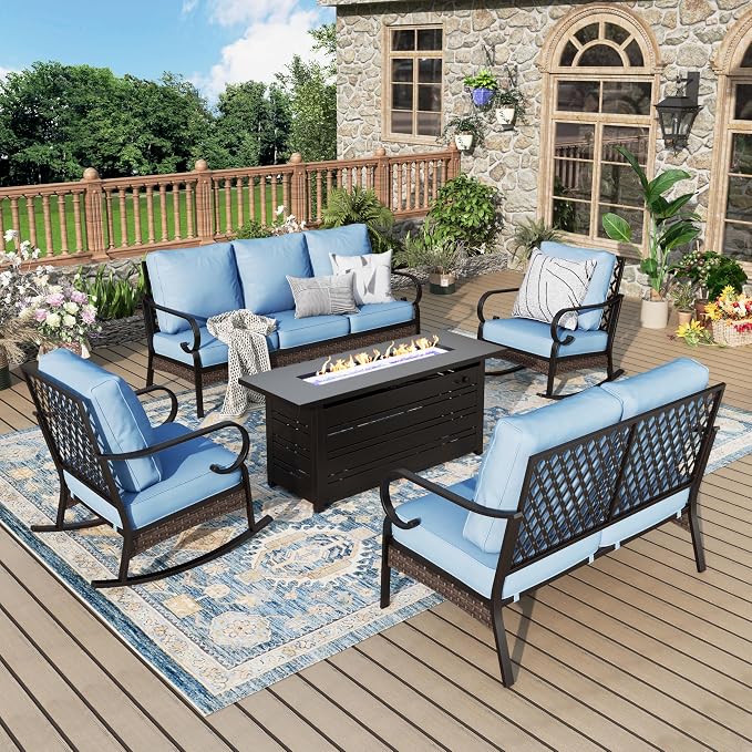 MIXPATIO Patio Furniture Set with Fire Pit Table, Metal Outdoor Conversation Set with 5.75'' Extra Thick Cushion, 2 Rocking Chairs, Loveseat Sofa, 3-Seat Sofa and Gas Fire Pit Table, Blue