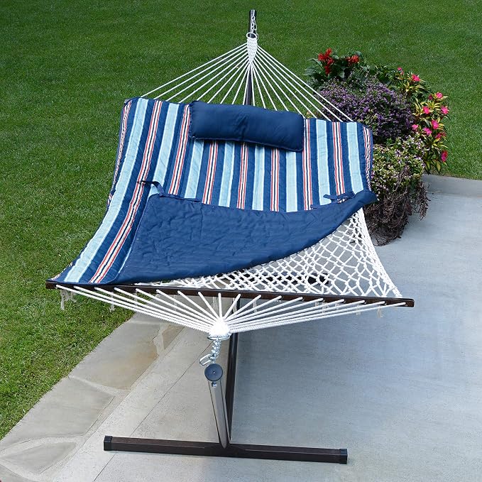 12 Foot Steel Hammock Stand with Cotton Rope Hammock Combo, Quilted Polyester Hammock Pad and Pillow Kingston Stripe