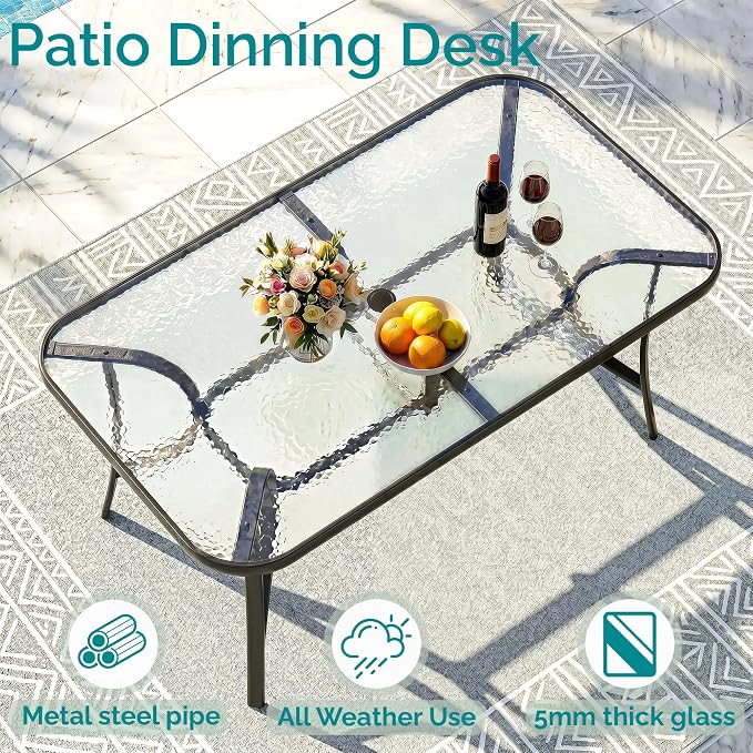 MAMIZO 7 Pieces Patio Dining Set for 6, Outdoor Table and Chairs w/Rectangle Glass Table and 6 Textilene Stackable Chairs, Patio Furniture Set w/1.69" Umbrella Hole (Black Table & Grey Chair)