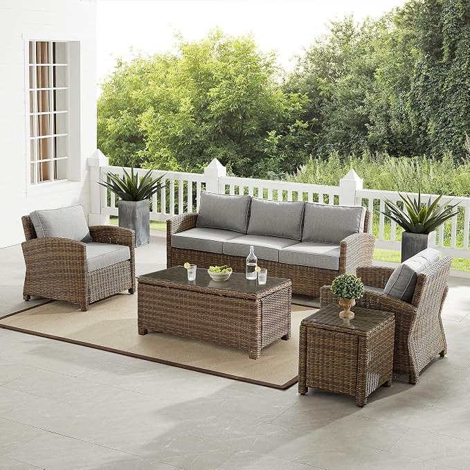Crosley Furniture Bradenton 5-Piece Outdoor Sofa Patio Furniture Set, Wicker Conversation Sets for Porch, Brown with Gray Cushions