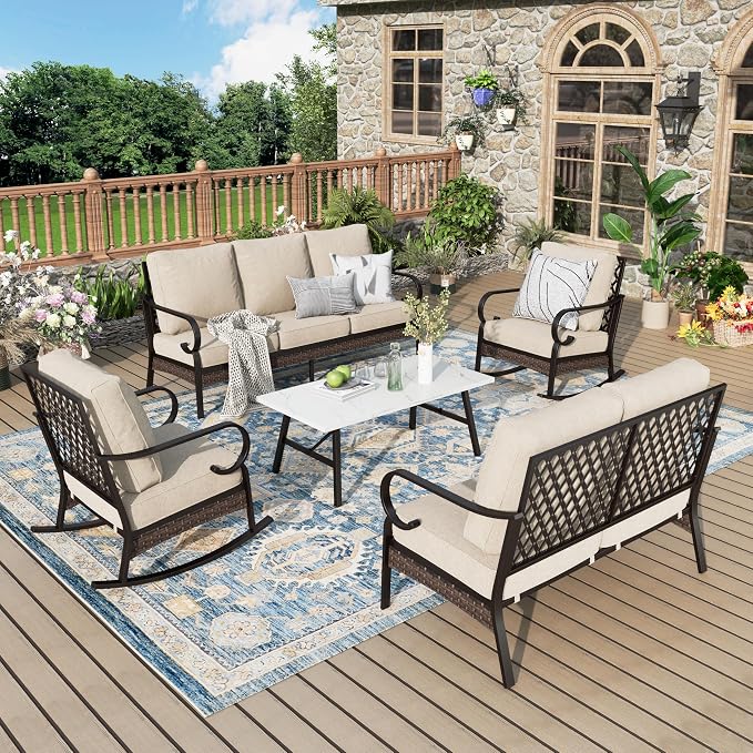 MIXPATIO Patio Furniture Set with Coffee Table, Outdoor Conversation Set with 2 x Rocking Chairs, 1 x 2-Seat Sofa, 1 x 3-Seat Sofa for Lawn Garden Backyard, Beige