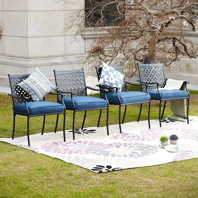 LOKATSE HOME Patio Dining Chairs Set of 4, Stackable Metal Wrought Iron Outdoor Chairs with Armrests & Thick Blue Cushions, All-Weather Heavy Duty Furniture for Garden, Backyard, Deck & Balcony