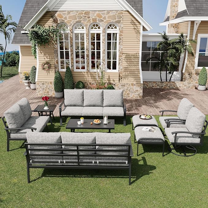 HOMREST 9 PCS Outdoor Patio Furniture Set with 2 Swivel Rocking Chairs and Metal Coffee Side Table, Patio Conversation Set with 2 Ottomans and 2 3-Seat Sofas, Loveseat for Big Garden, Deck, Poolside