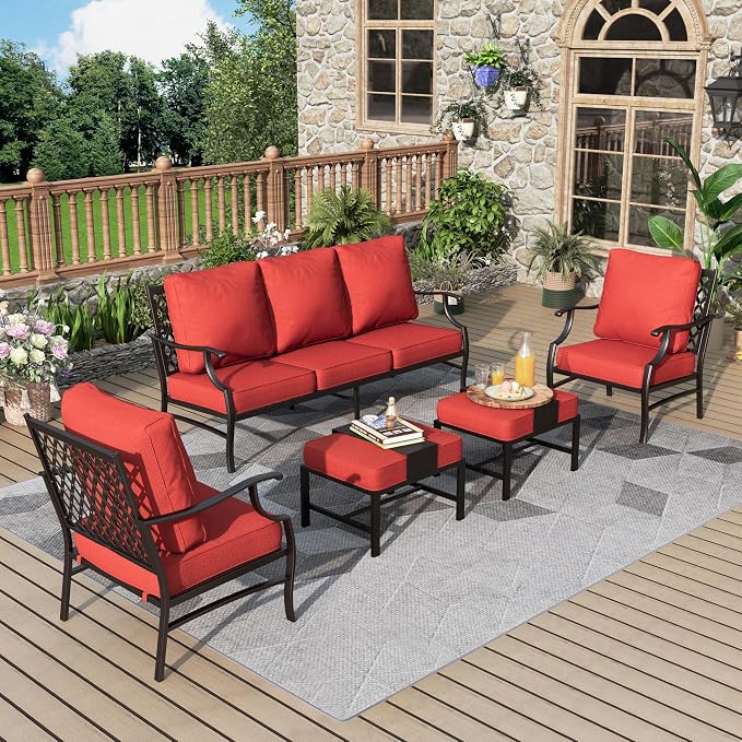 MIXPATIO Patio Furniture Set 5 pcs, Outdoor Patio Furniture, 3-Seat Sofa, 2 Single Chairs, 2 Ottomans and 5.75" Extra Thick Cushion, Patio Conversation Set for Garden Backyard Deck,Red