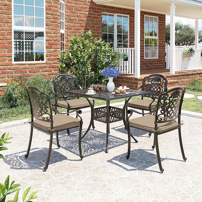 Pamapic 5-Piece Patio Table and Chair Set, Cast Aluminum Dining Set with Vintage Table Top, Outdoor Furniture Set with 4 Outdoor Stackable Chairs for Patio, Garden, Poolside (with 4 Cushion,Bronze)