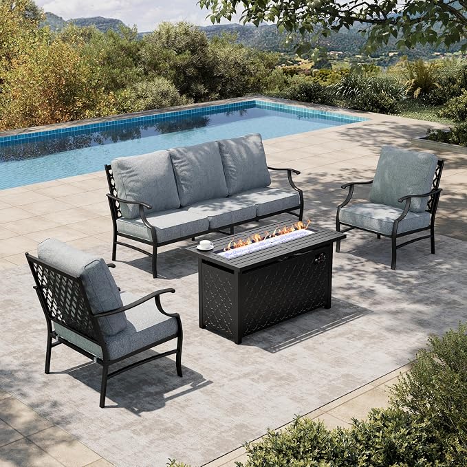 HERA'S HOUSE 4 Pieces Patio Fire Pit Furniture Set, 2 x Single Chair, 3-Seat Sofa with 45" Fire Pit Table, Outdoor Conversation Set for Garden Poolside Backyard, Grey