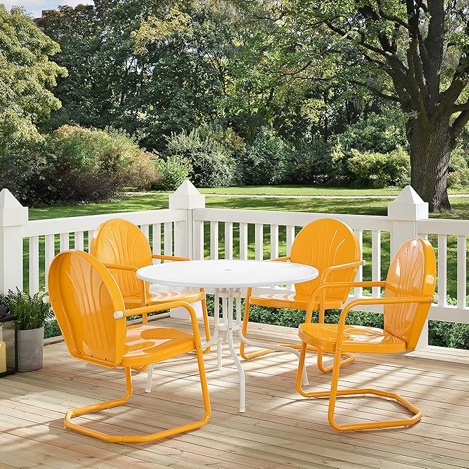 Crosley Furniture Griffith 5-Piece Outdoor Dining Set for 4, Retro Metal Round Patio Table and Chairs, White and Tangerine