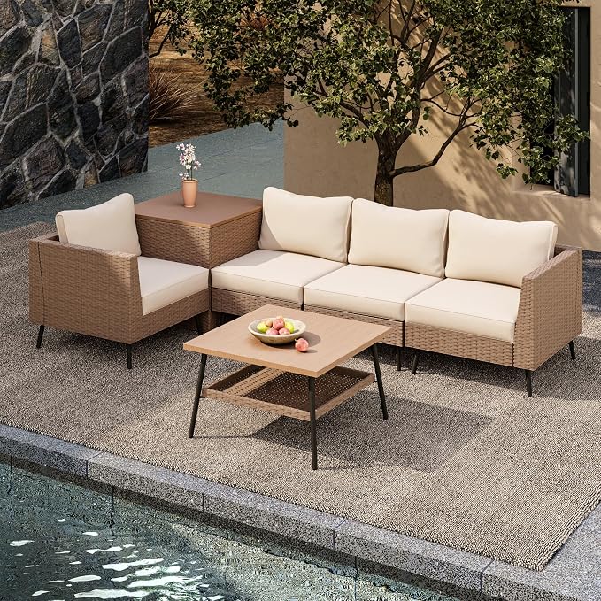 LAUSAINT HOME 6 Pieces Outdoor Patio Furniture Sets, Rattan Conversation Sectional Set with Cushions and Storage Box, Patio Sofa with Outdoor Table