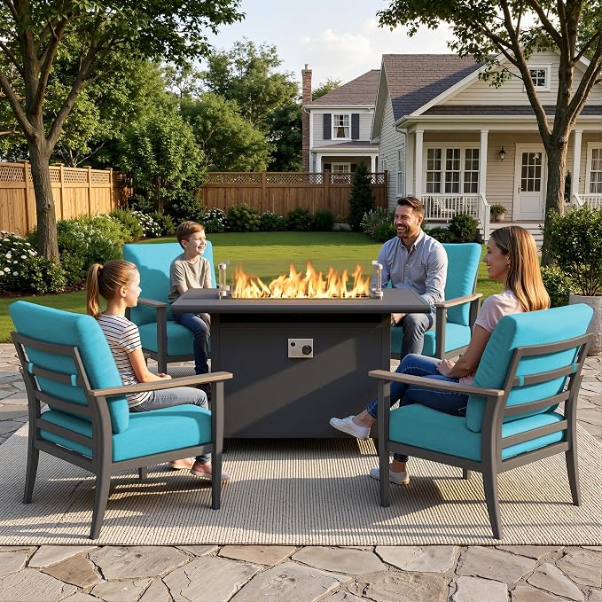 Aluminum Outdoor Patio Furniture Set with Swivel Rocking Chairs 5-Piece, Patio Sectional Sofa Patio Conversation Set with 55,000 BTU Fire Pit Table High Backrest & Thickened Cushions, Turquoise