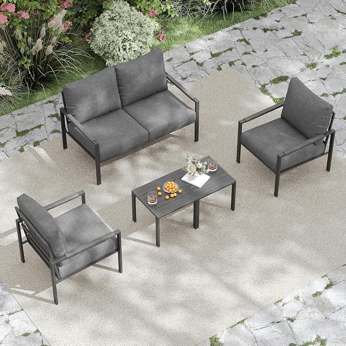 5 Pieces Rattan Outdoor Furniture Set, All-Weather Patio Conversation Set with Dark Grey Cushions and Coffee Tables for Garden, Backyard, Balcony, Poolside