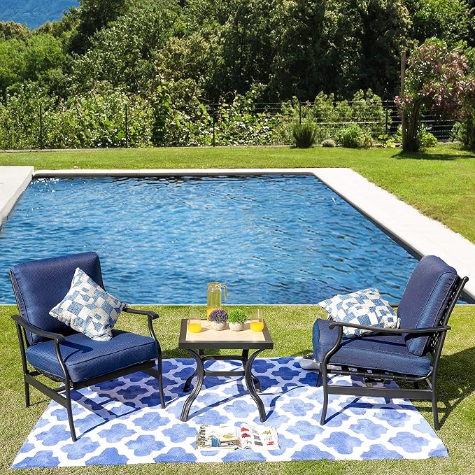LOKATSE HOME 3 Piece Outdoor Furniture Set with 2 Patio Bistro Conversation Chairs and 21 inch Square Dining Table, Blue