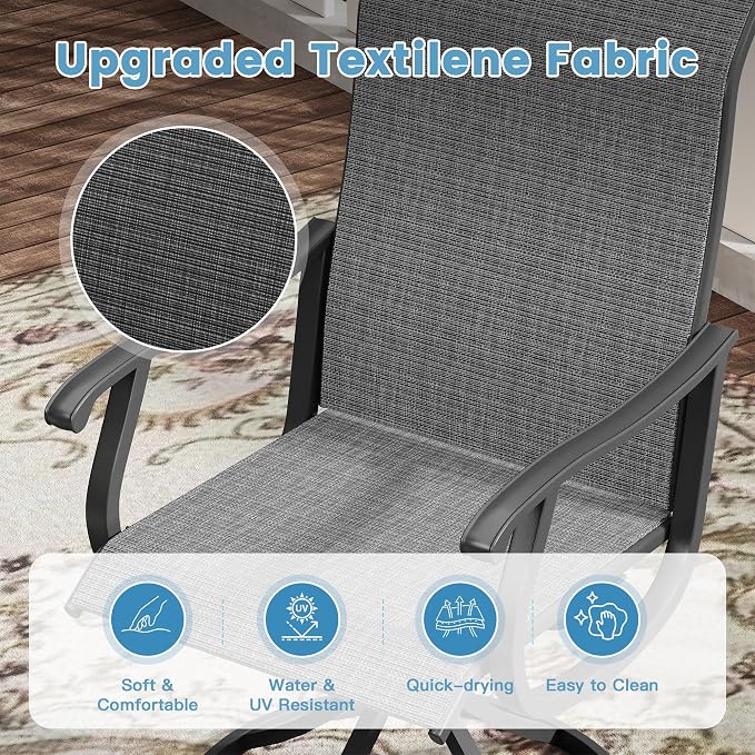 DIFY Outdoor Dining Set for 4, 5 Piece Patio Table and Chairs Set, Swivel Patio Dining Chairs with Dark Grey Textilene & 47.2" Black Round Metal Dining Table with Umbrella Hole, for Garden Backyard
