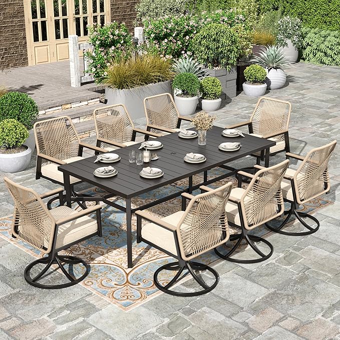 HERA'S HOUSE 9pc Patio Dining Set, 83" Metal Table & Swivel Rattan Chairs | Rectangle table with umbrella hole, 8 cushioned chairs. Waterproof, rust-resistant, all-weather for backyard, porch.