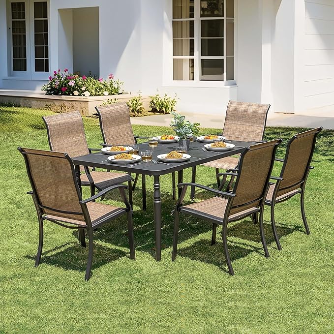 NUU GARDEN Outdoor 7-Piece Dining Set with Powder-Coated Metal Frame, Patio Metal Dining Set with 6 Textilene Chairs, Table with Umbrella Hole, for Patio, Lawn, Garden, Porch, Black and Brown