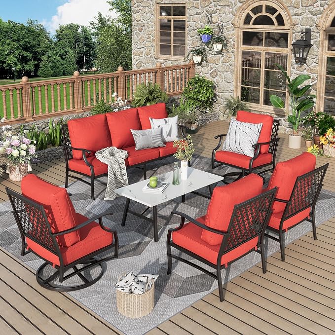 MIXPATIO Patio Furniture Set 6 pcs, Outdoor Patio Furniture, 1 X 3-Seat Sofa, 2 X Single Chairs, 2 X Swivel Chairs, 1 X Coffee Table and 5.75" Extra Thick Cushion, Patio Conversation Set,Red