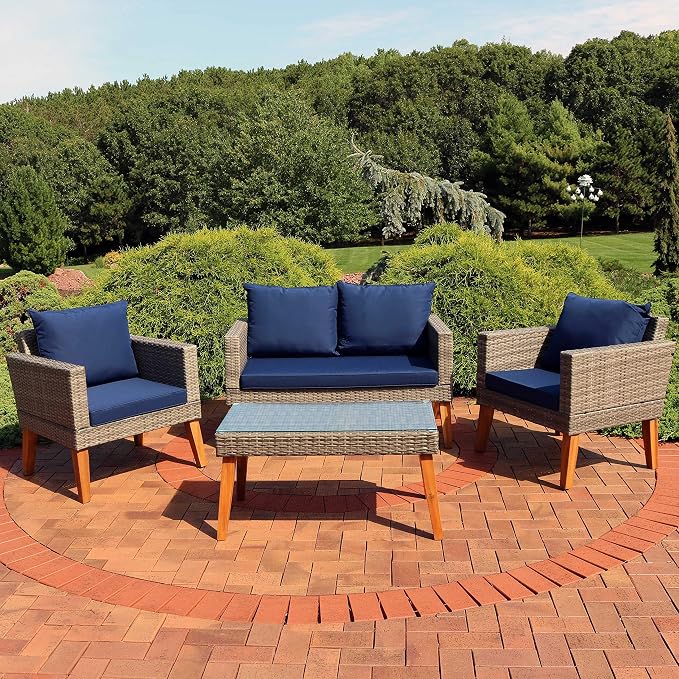 Sunnydaze Patio Furniture Set – 4 Piece Outdoor Conversation Set with Removable Cushions, Wicker Rattan Outdoor Loveseat and Chair Set for Backyard and Patio – Navy Blue