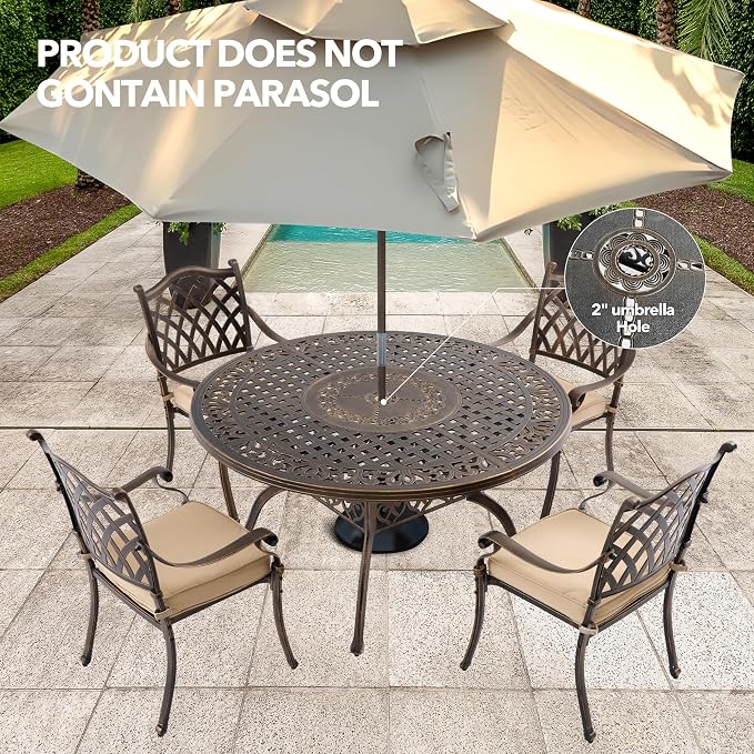 5-Piece Cast Aluminum Outdoor Table and Chairs, Classic Vintage Patio Dining Set for 4 Include 54.5" Round Dining Table and 4 Chairs with Removable Cushion and Umbrella Hole