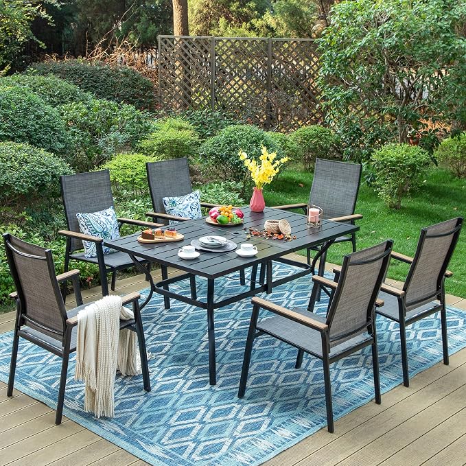 PHI VILLA Patio Dining Set for 6, Large Metal Dining Table with & 6 Outdoor Aluminum Stackable Chairs, Lightweight and Breathable Fabric, Outdoor Dining Set for Deck Porch, Grey