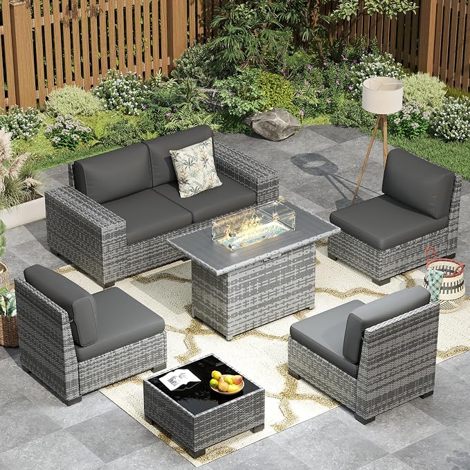 Patio Furniture with Fire Pit Table,8‘’ Wide armrest Outdoor Sectional Rattan Sofa Set, Wicker Patio Furniture Sets w/Coffee Table,Thick Cushions and Cover for Porch, Balcony, 7PC (Grey&Grey)