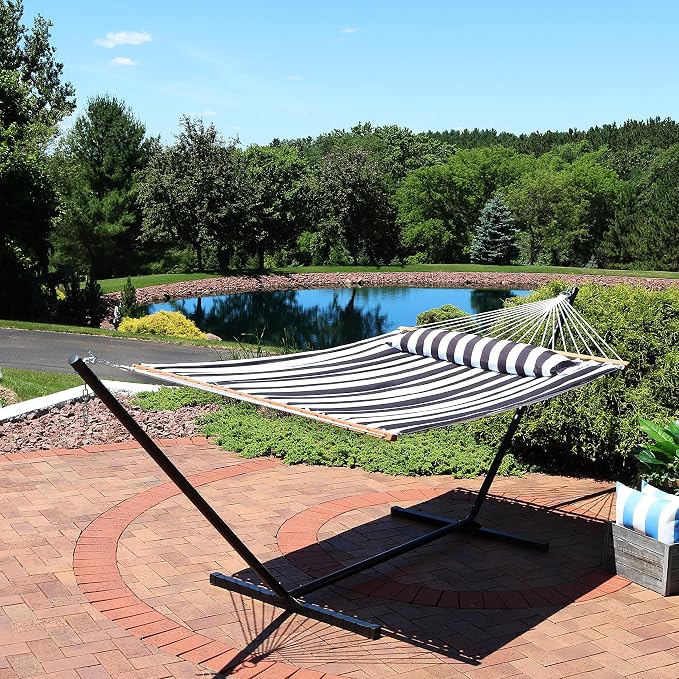 Sunnydaze Quilted Double Hammock with Stand for Outside - 350-Pound Capacity 2-Person Hammock with Stand - 12-Foot Stand - Black and White