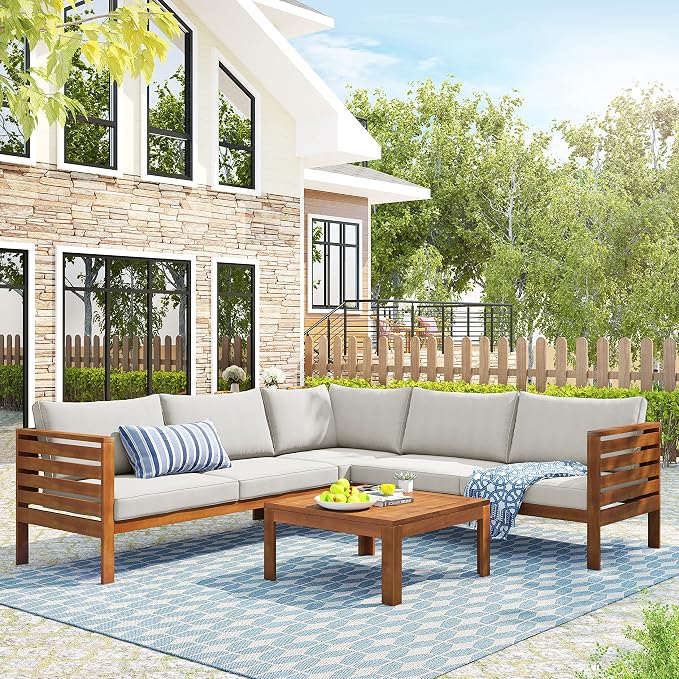 Outdoor Patio Conversation Furniture Set, Acacia Wood Sectional Sofa Set with Coffee Table, 4 Piece Outdoor Sofa Set with Two-person Sofa and Corner Sofa for Backyard (Natural log+Beige Cushions)