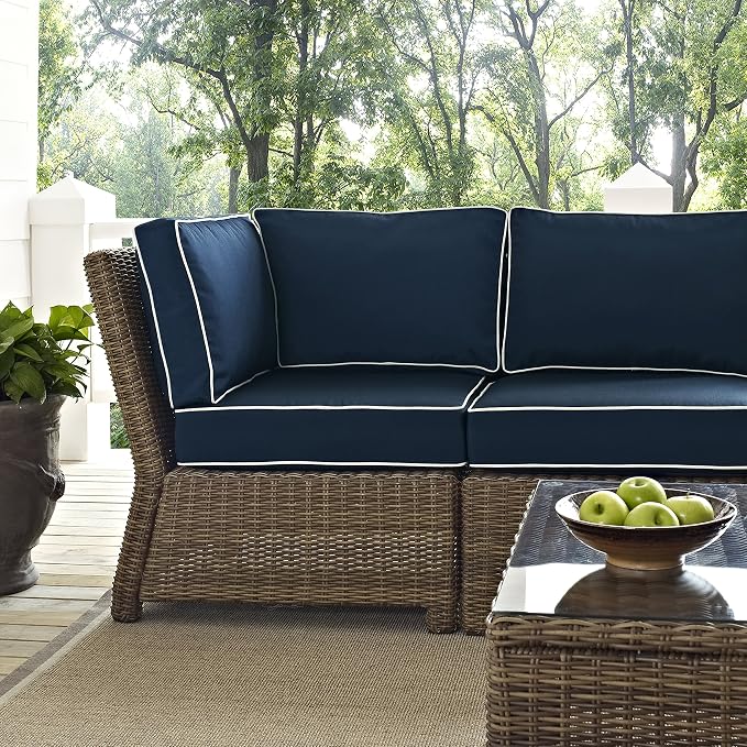 Crosley Furniture Bradenton 5-Piece Outdoor Sectional Sofa Wicker Conversation Patio Furniture Set for Deck, Brown with Navy Cushions