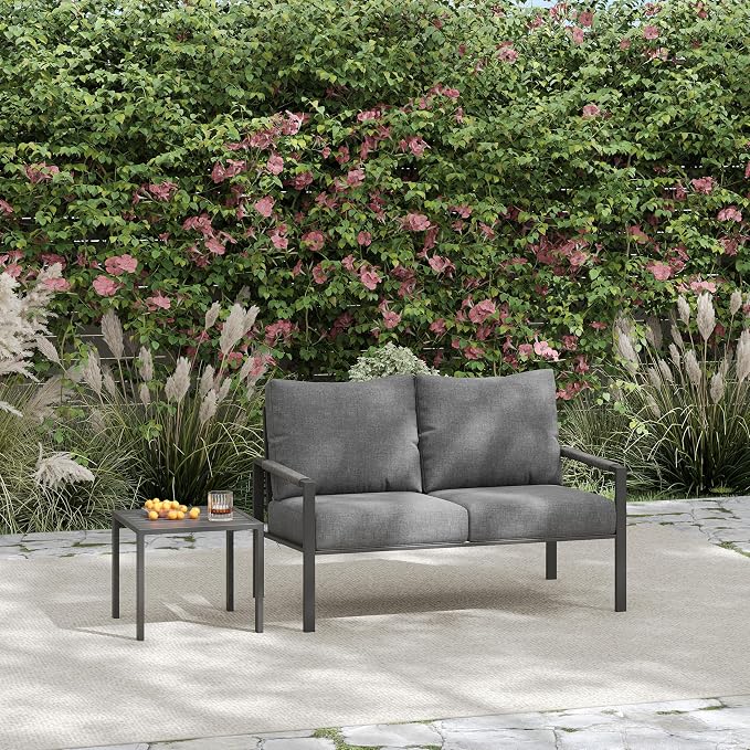 2 Pieces Rattan Outdoor Furniture Set, All-Weather Patio Loveseat with Dark Grey Cushions and Coffee Table for Garden, Backyard, Balcony, Poolside