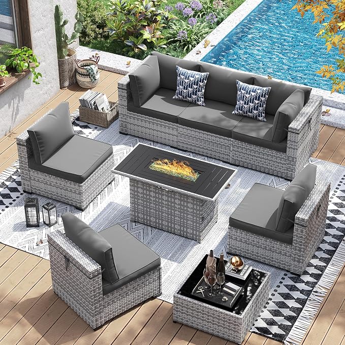 UDPATIO Patio Furniture Set with 44'' Fire Pit Table, 8 PCS Outdoor Sectional Furniture Sets, Outdoor Conversation Set PE Rattan Sofa for Backyard W/Coffee Table (Grey Cushions with Grey Rattan)