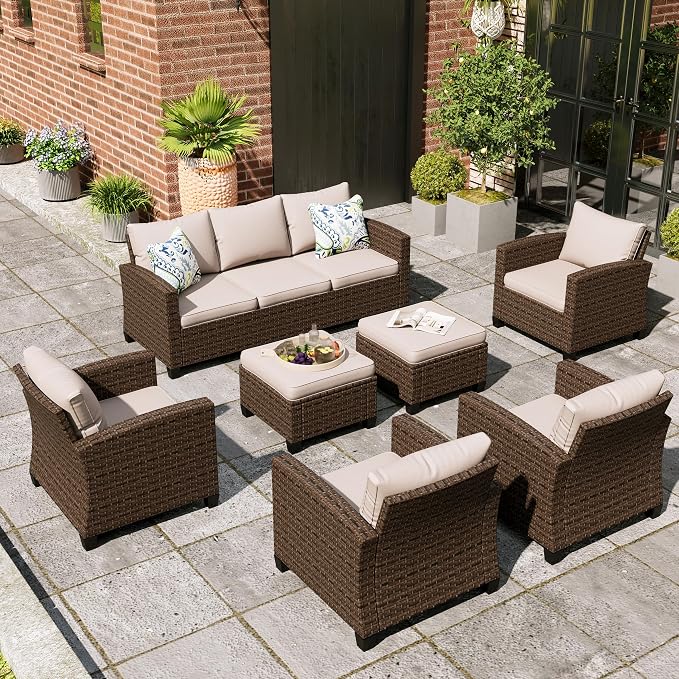 MIXPATIO Patio Furniture Set, 7 Pcs Wicker Rattan Rattan Outdoor Conversation Set, 4 x Single Chairs, 1 x 3 Seater Sofa and 2 x Ottoman with 4" Thick Cushion for Garden Backyard Deck, Beige
