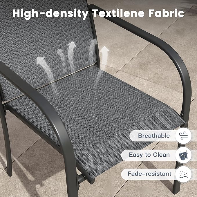VICLLAX 9 Pieces Patio Outdoor Dining Set, 70" Outdoor Rectangular Metal Dining Table with Umbrella Hole and 8 Stackable Textilene Chairs for Lawn, Garden, Porch, Black/Grey