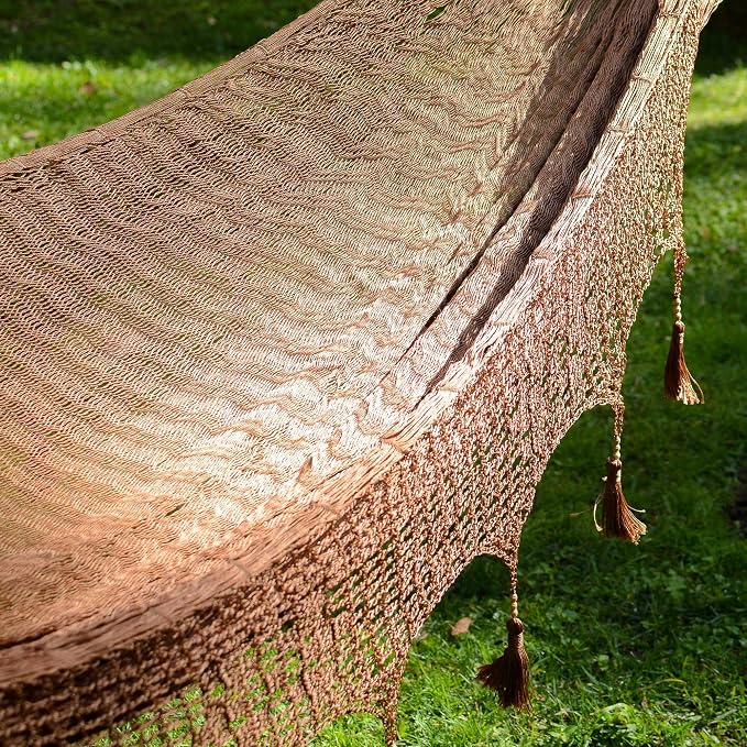 NOVICA Metallic Copper Brown Hand Woven Nylon Mayan Matrimonial Family Size XXL Rope Hammock with Crochet Fringe, 'Copper Filigree' (Triple)