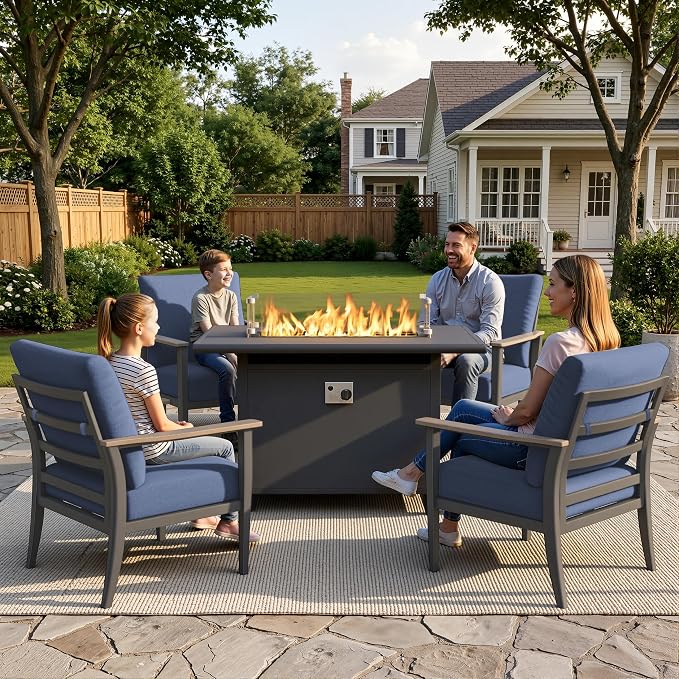 Aluminum Outdoor Patio Furniture Set with Swivel Rocking Chairs 5-Piece, Patio Sectional Sofa Patio Conversation Set with 55,000 BTU Fire Pit Table High Backrest & Thickened Cushions, Navy Blue