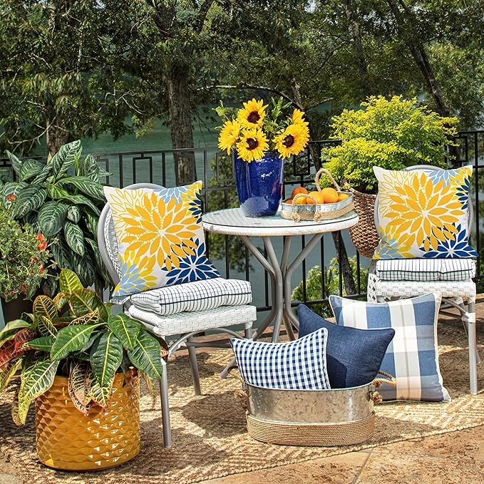 DFXSZ Outdoor Waterproof Pillow Covers 16x16 Set of 2 Yellow Blue Flower | Spring Summer Waterproof Flower Throw Pillowcases（No Inserts）Outdoor Decor for Patio Funiture Garden Polyester Covers